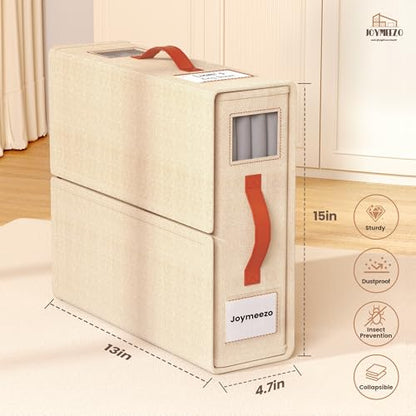 Bed Sheet Organizers, Foldable Linen Closet Storage, 6 Pack, Beige | Fits King/Queen sets, Durable linen boxes with inner elastic straps & dual-sided clear windows/labels for blankets & duvets