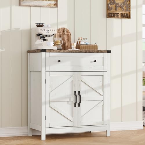 ChooChoo 30" W Coffee Bar Cabinet, Kitchen Storage Cabinet with Drawer | Small Buffet Cabinet, Farmhouse Sideboard Buffet, Adjustable Shelf, Rustic White