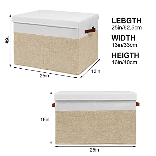 Large Toy Storage Box with Lid, Toy Chest Bin Boxes Basket with Dividers | Sturdy Toy Organizer Bin for Kids, Boys, Girls, Nursery, Living Room, Bedroom, Playroom 25"x13" x16" (Beige and White)