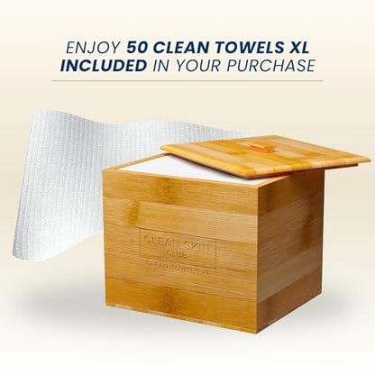 Clean Skin Club Luxe Bamboo container with Removable Cover includes Clean Towels® Original XL 50 Count, Disposable Face Towel Holder for Bathroom Counter