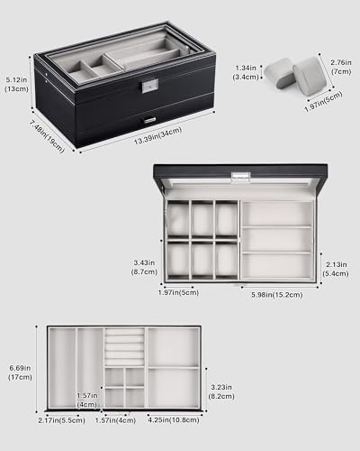 ProCase Mens Jewelry Box, 6 Slot Watch Box & 3 Slot Sunglass Holder -Black | 2-layer Lockable Sunglasses Jewelry Organizer Storage for Men, Watch Display Case with Drawer, Clear Lid, Father Gift