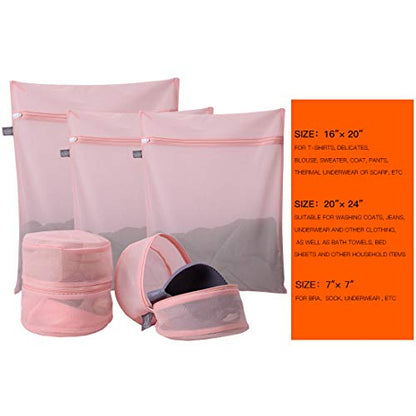 Lingerie Bag for Washing Delicates, Pink Bra Bags for Laundry, 5pcs | PInk Laundry Bag for Washing Machine & Dryer, For Garments, Sock, Underwear, Panties, Fine Mesh, Zipper Closure, 5Pack
