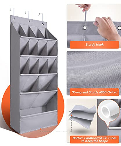 FENTEC 1 Pack Over-the-Door-Shoe-Organizers,Hanging Organizers with Large Pocket Shoe Holder Hanging Shoe Rack for Closet Shoe Organizer for Wall, Over Door Organizer with 15 Pockets Gray