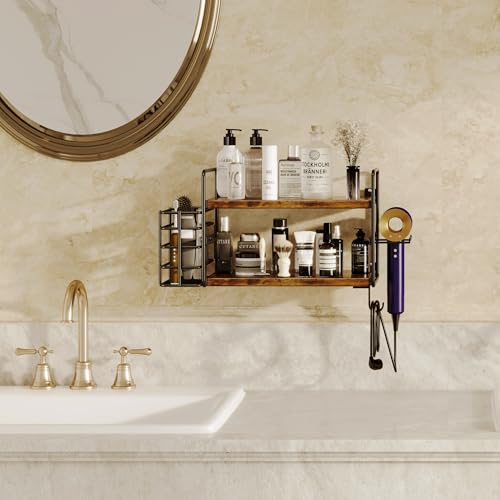 3-in-1 Wall Mounted Hair Dryer Holder with 2 Tier Shelves & Detachable Basket, Space Saving Organizer for Bathroom, Kitchen, Bedroom, Rust-Resistant, Easy Install (Rustic Brown)