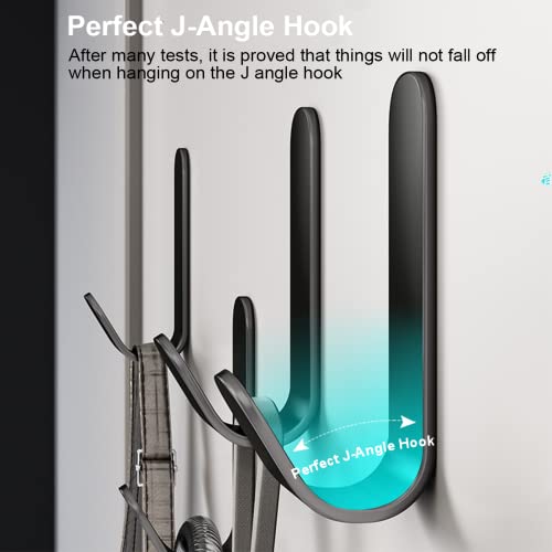 Adhesive Hooks,12 Pcs, Heavy Duty Hold 12Lbs, Stainless Steell Wall Hanger | Black Adhesive Hanger for Hanging, Metal Sticky J Strip Hooks, for Hat, Coat, Picture, Backpack, Garage