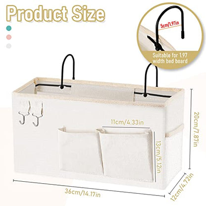Bedside Caddy Organizer Hanging Storage Bag Bunk Bed White | Bed Caddy with Magazine Water Bottle Phone Holder for College Dorm and Hospital Beds