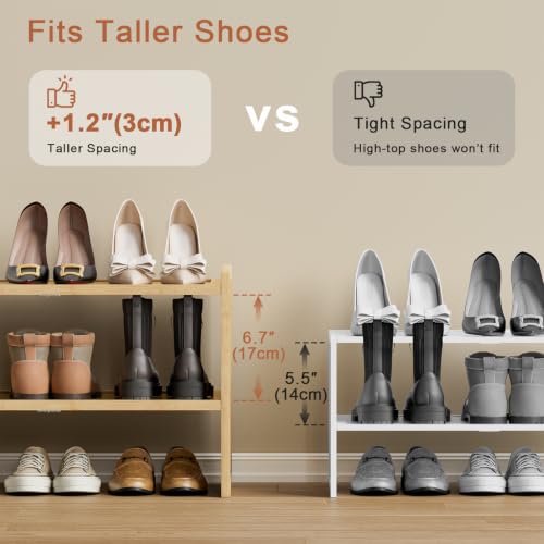2 Tier Bamboo Shoe Rack, Extended Wood Shelf for Closet | Extended length fits more pairs. 6.7in height holds boots. Versatile for plants, books, sundries.