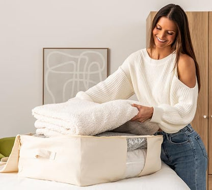 Soft Canvas Storage Bags with Zipper. Thick Breathable, 2pc King/Queen Comforter Organizer. Four Carrying Handles and Window. Large 25x19x9in Bag for Sheets Blankets Bedding Pillows, Clothes