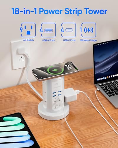 Power Strip Tower, kakyanill Charging Station 9 AC Outlets 8 USB Ports | 6 Ft Retractable Extension Cord, 15W Wireless Charger, White