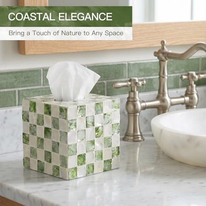 Capiz Tissue Box Cover, Square Decorative Tissue Holder with Bottom Slider, Handmade Checkered Cube Tissue Box Cover for Bathroom Vanity,Office or Bedroom,Green