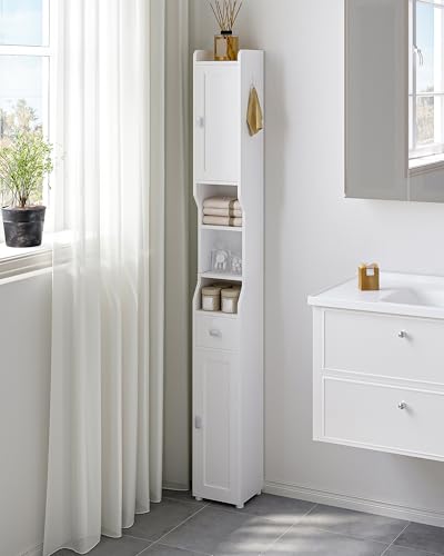 HEXCELEN Bathroom Storage Cabinet,Tall Narrow Bathroom Cabinet White | Narrow Tall, Freestanding Floor Cabinet, 2 Doors and 1 Drawer, Adjustable Shelf, 1 Hook