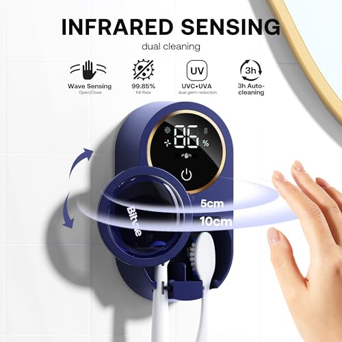 Bitvae Upgraded Tooth Brush Holder for Bathroom 2.0 Infrared Sensing | Toothbrush Cleaner, Wall-Mounted for Most Size Toothbrushes, Air Drying, LED Smart Screen, Navy Blue