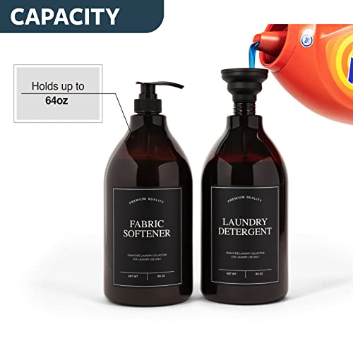 Calindiana Modern Farmhouse Liquid Laundry Detergent and Fabric Softener Dispenser for Laundry Room Decor and Organization, PET Plastic Landry Soap Containers with Water Resistant Labels, Amber 64oz