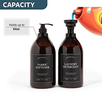 Calindiana Modern Farmhouse Liquid Laundry Detergent and Fabric Softener Dispenser for Laundry Room Decor and Organization, PET Plastic Landry Soap Containers with Water Resistant Labels, Amber 64oz