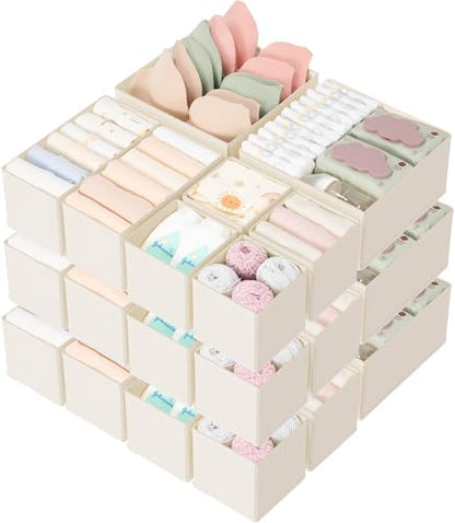 Drawer Organizer 18-Piece Set, Dresser Organizer for Baby Clothes, Foldable Closet Storage & Drawer Dividers for Underwear, Socks, Nursery (Beige)