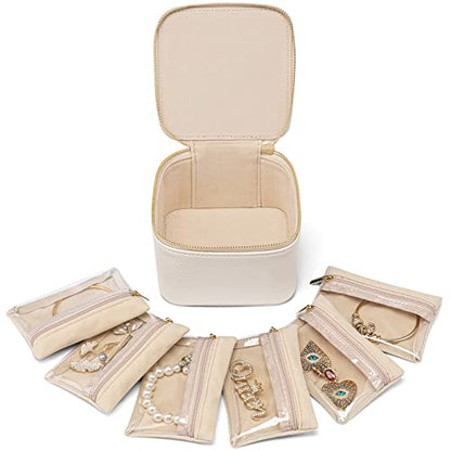 VLANDO Travel Jewelry Case,Valentines Gifts,Small Jewelry Box Organizer,Travel Jewelry Storage with 6 Velvet Jewelry Zipper Pockets, Birthday Gifts for Women Girls (White)