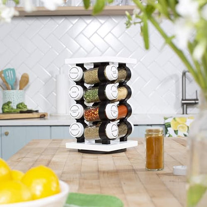 16 Jar Rotating White Spice Rack | Spices Included, 5-Year Spice Refill Program, Compact Countertop, Glass Jars