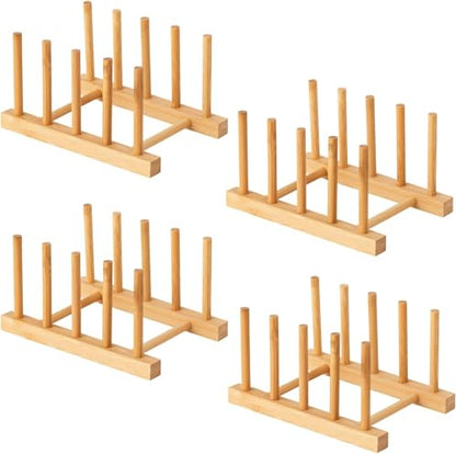 4 Pcs Bamboo Wooden Dish Rack, Plate Organizer for Cabinet Space Saver and Kitchen Counter, Bowl/Cup/Pot Lid/Cutting Board Drying Holder (4 Slots)