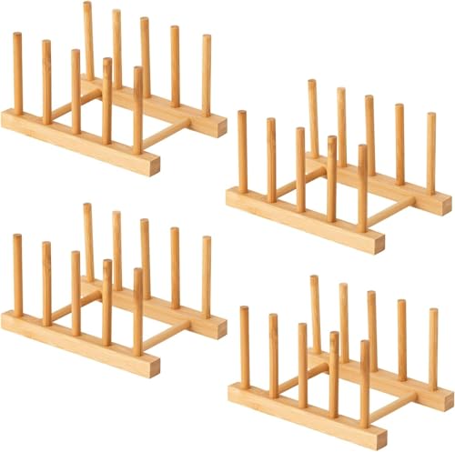 4 Pcs Bamboo Wooden Dish Rack, Plate Organizer for Cabinet Space Saver and Kitchen Counter, Bowl/Cup/Pot Lid/Cutting Board Drying Holder (4 Slots)