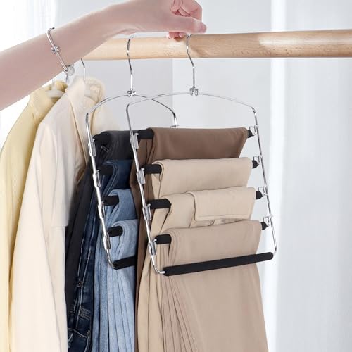 SINDAX Pants Hangers Space Saving - 4Pack, 5 Layers Space Saving Hangers, Sturdy Stainless Steel Pant Rack with Anti-Slip Swing Arm, Closet Organizers and Storage for Trousers Jeans