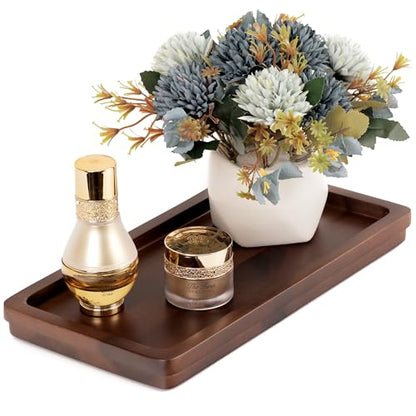 Bathroom Vanity Tray, Dark Brown Acacia Wood Tray, 11.8 x 5.9 in | Wooden Countertop Organizer for Cosmetics Jewelry Candle & Keys, Decorative Tray for Toilet Tank, Kitchen & Sink Decor