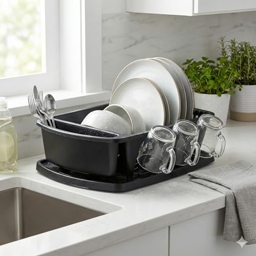 Tribello Sink Dish Drying Rack, Heavy Duty Hard Plastic Drying Rack, Dish Drainer for Kitchen Counter with Drainboard Set, with Silverware Holder - 18 x 13 x 6 (Black) - Made in USA