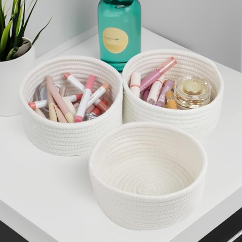 Small Woven Cotton Rope Baskets, Set of 3, White | Cute Mini Round Baskets, Gift and Storage Baskets, Nursery Organizer, Bathroom Bins, Decorative Boho Decor Tiny Baskets