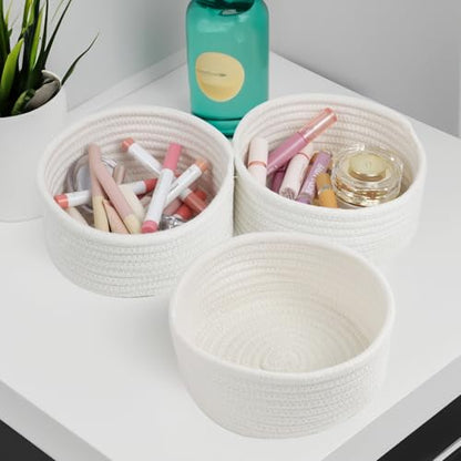 Small Woven Cotton Rope Baskets, Set of 3, White | Cute Mini Round Baskets, Gift and Storage Baskets, Nursery Organizer, Bathroom Bins, Decorative Boho Decor Tiny Baskets