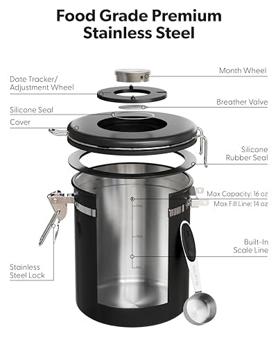 Veken Coffee Canister with Window, Airtight Stainless Steel Container, 16OZ
