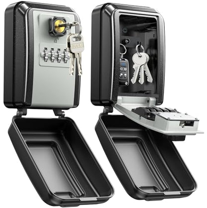 Wall-Mounted Lock Box for Keys with Code, Large Capacity 4 Digits Combination Key Lock Box with Resettable Spare Key, Weatherproof Key Safe Storage Lockbox for Home, Apartment, Office, Gray