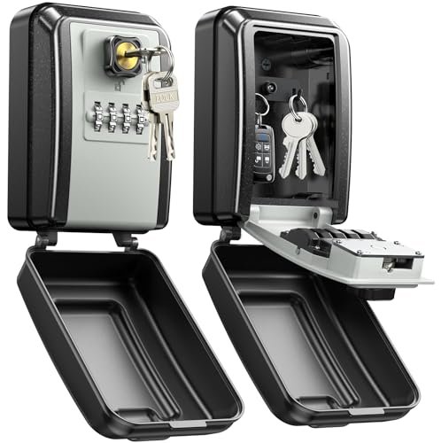 Wall-Mounted Lock Box for Keys with Code, Large Capacity 4 Digits Combination Key Lock Box with Resettable Spare Key, Weatherproof Key Safe Storage Lockbox for Home, Apartment, Office, Gray