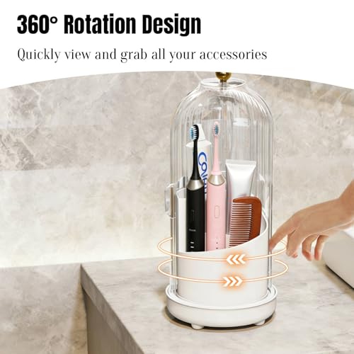 JEESA Dustproof Toothbrush Holder Organizer with Drainage, White | Sliding Door Cover, 360 Rotating, 3 Slots, Bathroom Countertop