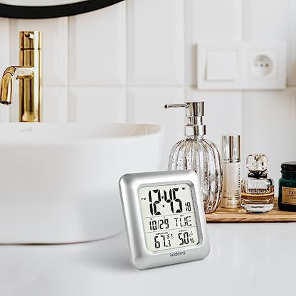 KADAMS Bathroom Clock 9.5" Kitchen Wall Clock with Large LCD Screen – Shower Clock with Suction Cup,Temperature, Humidity, Calendar – Water-Resistant, 4 Mounting Options, Silver