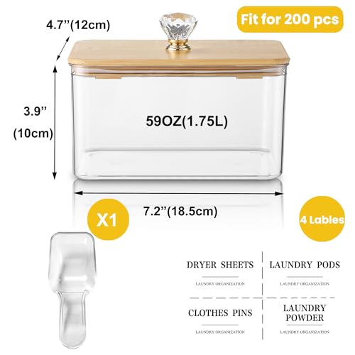 Dryer Sheet Holder with Lid, Clear Dryer Sheet Container, Dryer Sheet Dispenser with 4 Labels, Laundry Sheet Holder for Laundry Room and Organization