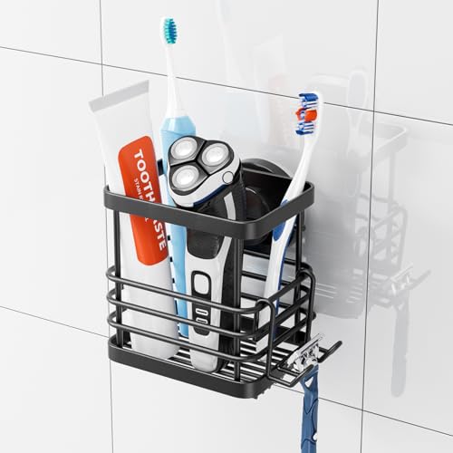 TAILI Patented Suction Cup Toothbrush Holder, Stainless Steel Anti-Puddling Shower Toothbrush Holder, No Drilling Removable Organizer for Bathroom Toothpaste, Razor, Kitchen and Office Items, Black