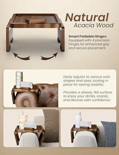 15.75" Acacia Couch Armrest Table with Phone Holder, Walnut Color | Acacia Wood, 360° Rotating Phone Holder, Spacious, Clips Securely with Double-hinge Grip, Foldable, Portable, Easy Assembly