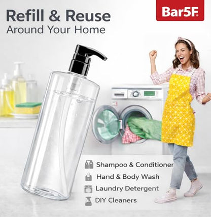 Bar5F Empty Pump Bottles 32 oz. (1-Liter) BPA-Free Crystal-Clear USA 2-Pack | Large Refillable Containers for Shampoo, Conditioner, Body Wash, Lotion, Gel, Laundry Detergent, Hand Soap