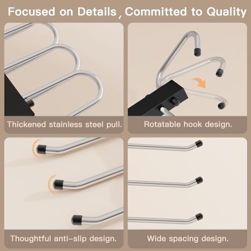 6 Pack Pants Hangers Space Saving,Closet Hanger Space Saver,Black | Stainless Steel, 5 Multi Tiers Compact Hanging Jeans Organizer,Vertical Pant Rack for Jean Leggings Trousers,Scarf