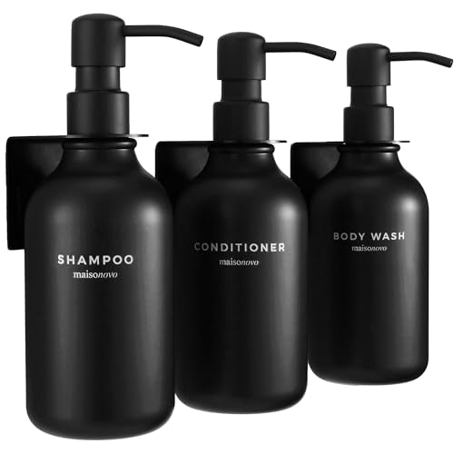 Shampoo and Conditioner Dispenser Wall Mounted Set of 3 Black | 500 ml Shower Gel Dispenser Set of 3. Refillable Shampoo and Conditioner Bottles. Drill Free Secure Design. Black