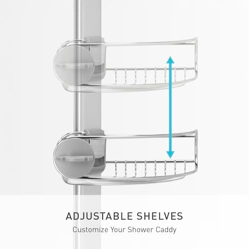 simplehuman Tension Pole Shower Caddy, No-Drill Floor to Ceiling Bathroom Organizer for Bathtub & Inside Shower, Extends 6 to 9 Feet, 3 Adjustable Shelves, Rust-Proof Stainless Steel