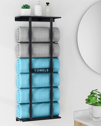 Towel Racks for Bathroom, Bathroom Towel Storage Wall Mounted 30 inch with Shelf Can Holds 6 Large Towels, Wall Towel Rack for Rolled Towels, Black