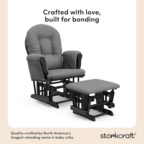 Storkcraft Premium Hoop Glider & Ottoman, Black with Gray | GREENGUARD Gold Certified, Solid Wood Craftsmanship, Convenient Storage Pockets, Glider Rocking Chair for Nursery