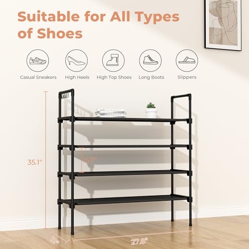 LANTEFUL 4 Tier Shoe Rack for Closet Shoe Organizer with 5 Hooks, Long Shoe Shelf Storage for Shoe and Boot Stackable Free Standing Shoe Rack for Entryway, Garage, Small Spaces, Dorm, Black