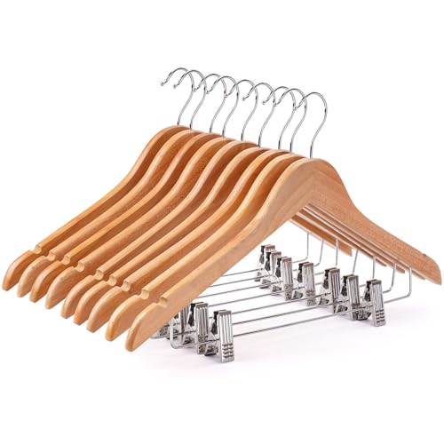 Wooden Hangers with Clips 12 PCS Pants Hangers with Clips,Smooth Solid Wooden Pants Hanger,360 Swivel Hooks & Adjustable Clips,for Jeans,Skirt,Suit,Shorts,Scarf
