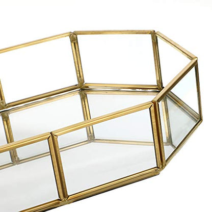 Hipiwe Mirror Glass Vanity Tray - Gold Ornate Makeup Organizer Perfume Tray | Vintage Octagonal Dresser Trays for Jewelry Trinket Organizer, Bathroom Storage Trays for Home Decor
