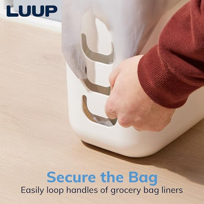 STORi Luup Trash Can (White) - Reuse Grocery Bags - Plastic Garbage Container for Bathroom, Vanity, Laundry Room, Kitchen, Office, Garage - 2.5 Gallon Wastebasket with Hooks to Secure Trash Bags