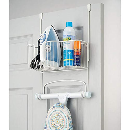 mDesign Steel Metal Over Door Ironing Board Holder with Large Storage Basket for Laundry, Utility, Mudroom, Garage - Holds Iron, Board, Spray Bottles, Starch, Detergent, Fabric Refresher - White