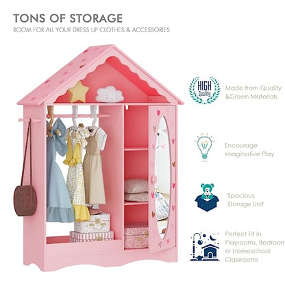 UTEX Dollhouse Kids Dress Up Wardrobe with Storage Cabinet and Mirror | Open Hanging Costume Organizer, Kids Wardrobe Closet, Water-based Paint for Kids Room, Playroom, Pink