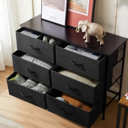 DUMOS 6 Drawer Dresser for Bedroom, Wide Storage Chest of Drawers Cabinet | Fabric Storage Organizer with Wooden Top, Wide Dresser Cabinet for Closet, Bedroom, Black