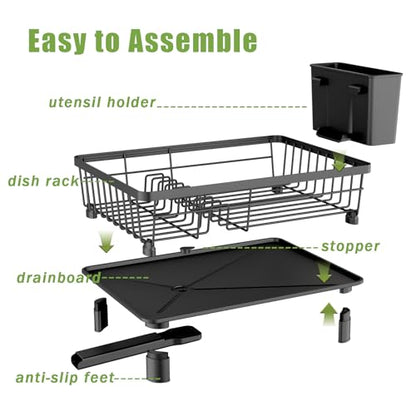 Dish Drainer Rack with Drip Tray, Sink Dish Drainer with Drainage Spout, Stainless Steel Dish Drying Rack with Cups, Utensil & Cutting Board Holders for Kitchen Counter Space-Saving, Black